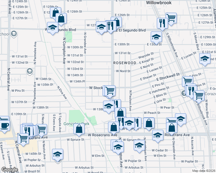 map of restaurants, bars, coffee shops, grocery stores, and more near 813 West Stockwell Street in Compton