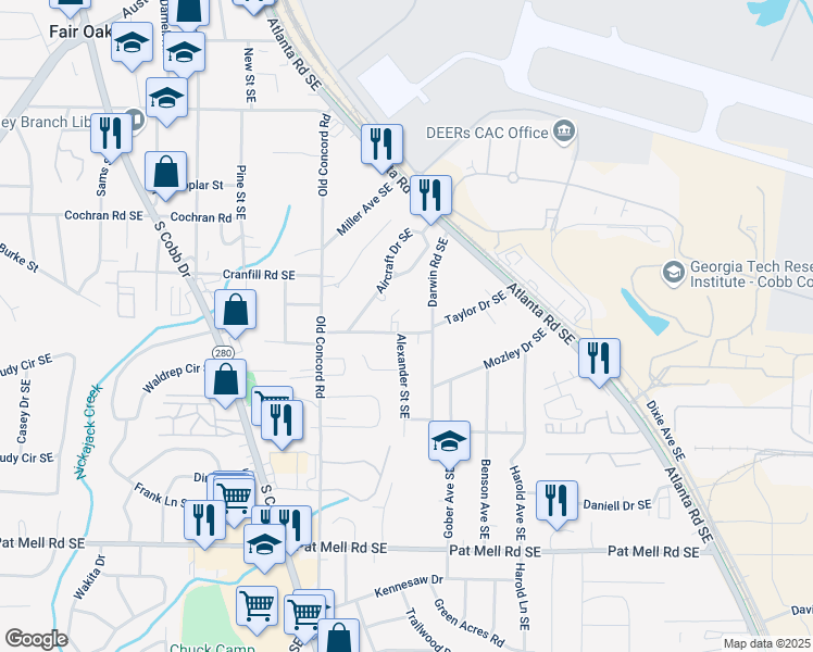 map of restaurants, bars, coffee shops, grocery stores, and more near 581 Taylor Drive Southeast in Smyrna