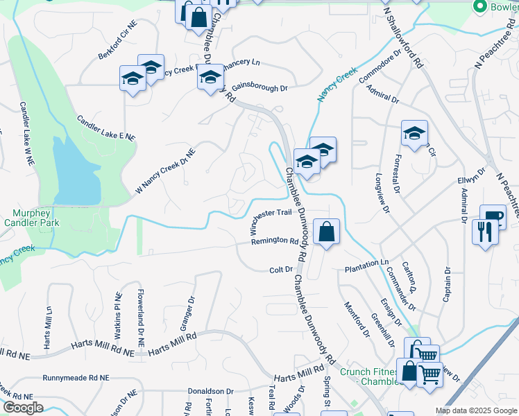 map of restaurants, bars, coffee shops, grocery stores, and more near 1850 Winchester Trail in Atlanta
