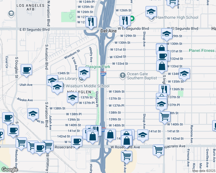 map of restaurants, bars, coffee shops, grocery stores, and more near 5174 West 135th Street in Hawthorne