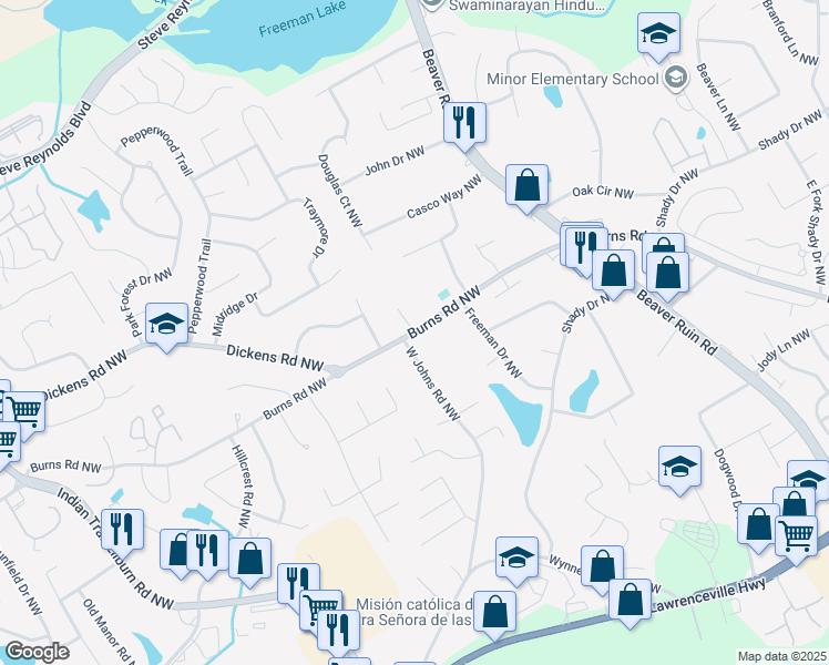 map of restaurants, bars, coffee shops, grocery stores, and more near Burns Road Northwest in Lilburn