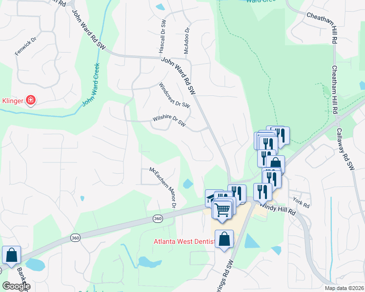 map of restaurants, bars, coffee shops, grocery stores, and more near 1761 Benningfield Drive Southwest in Marietta