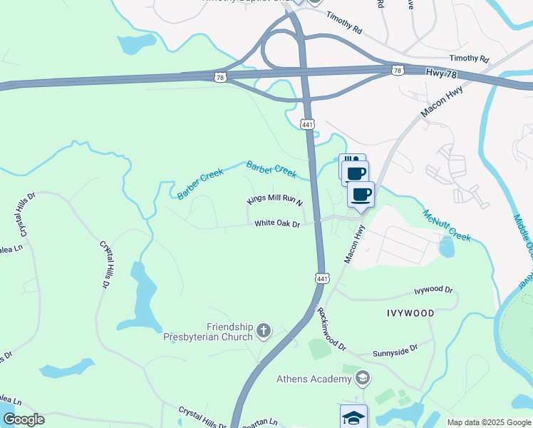 map of restaurants, bars, coffee shops, grocery stores, and more near 1190 White Oak Dr in Athens