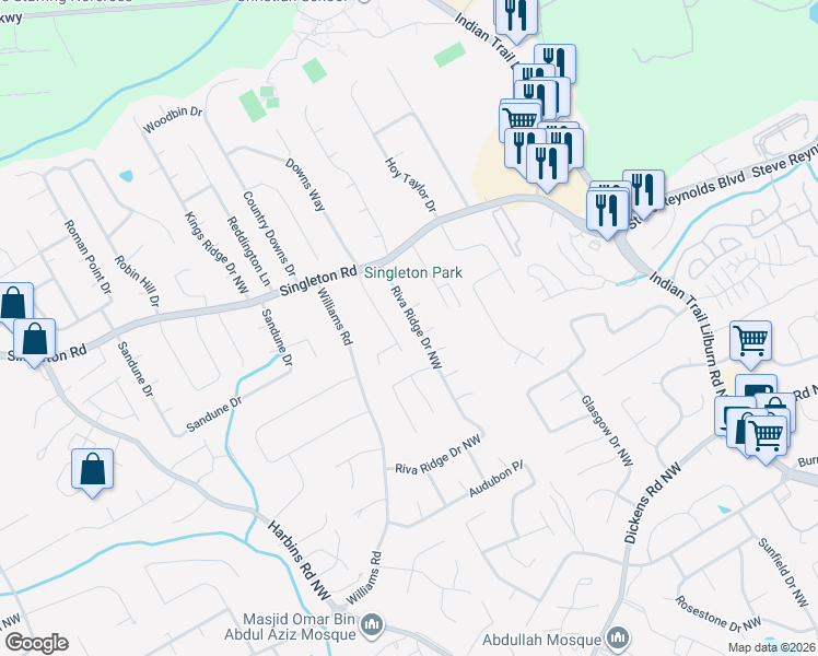 map of restaurants, bars, coffee shops, grocery stores, and more near 1196 Riva Ridge Drive Northwest in Norcross