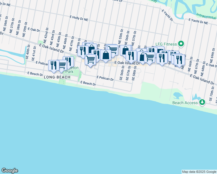 map of restaurants, bars, coffee shops, grocery stores, and more near East Beach Drive in Oak Island