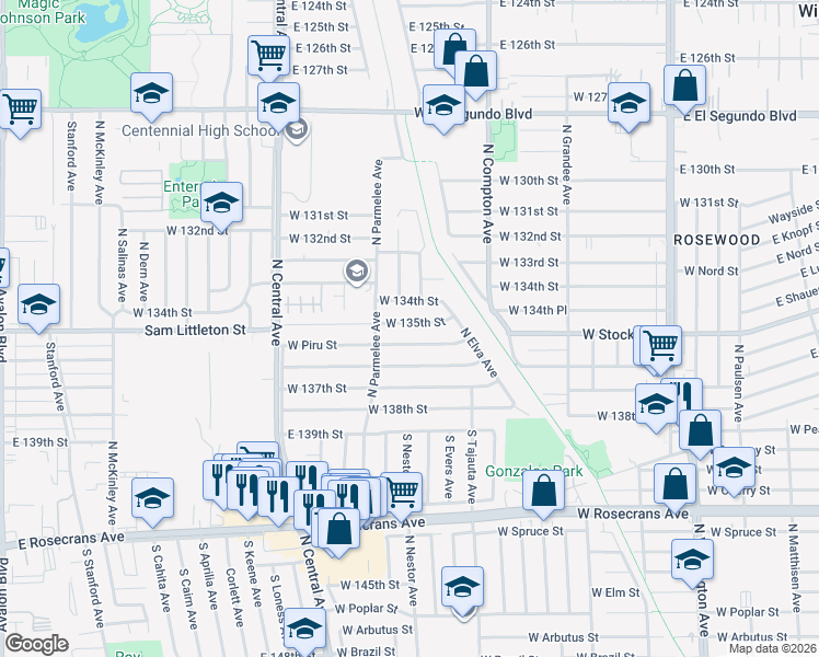 map of restaurants, bars, coffee shops, grocery stores, and more near 1410 West Stockwell Street in Compton