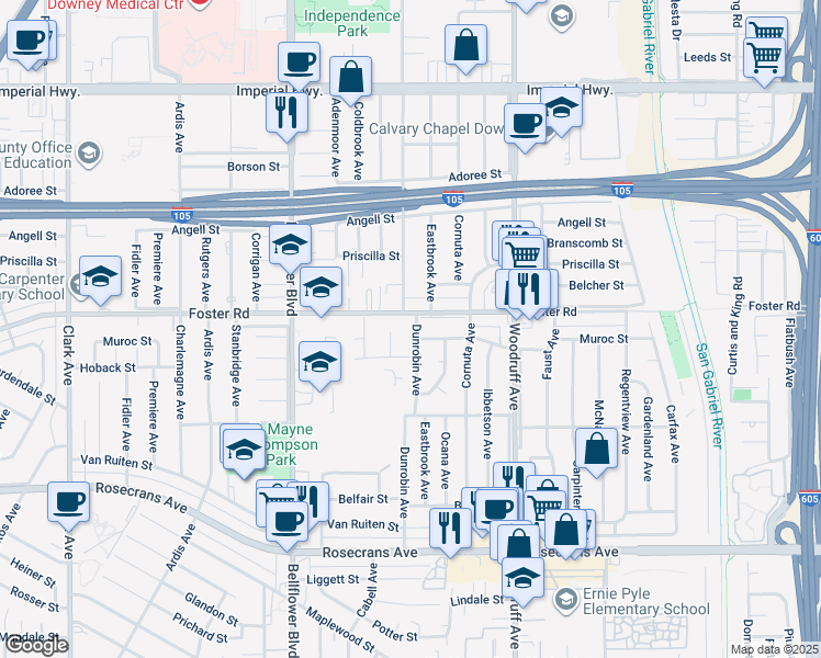 map of restaurants, bars, coffee shops, grocery stores, and more near 13425 Dunrobin Avenue in Bellflower