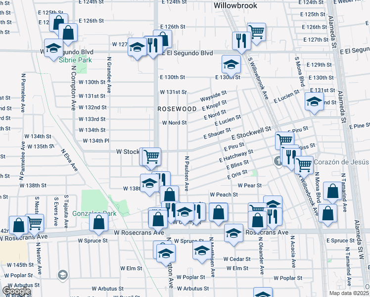 map of restaurants, bars, coffee shops, grocery stores, and more near 2008 West Stockwell Street in Compton