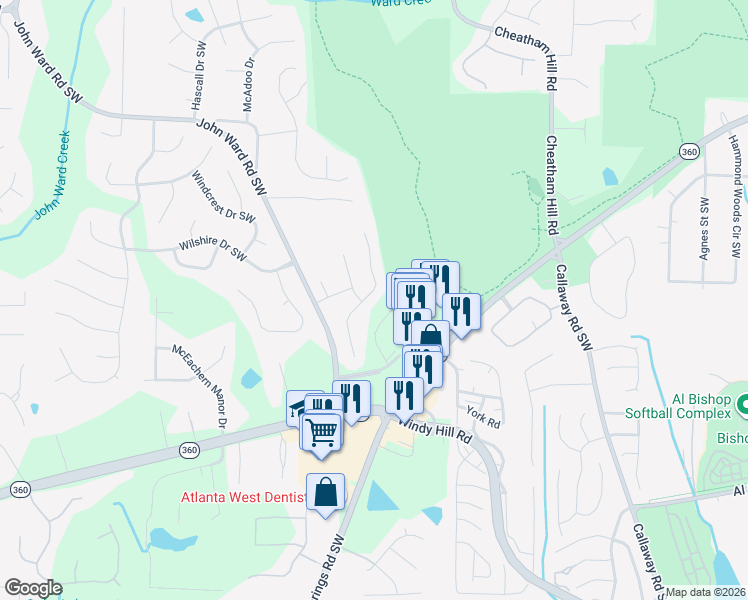 map of restaurants, bars, coffee shops, grocery stores, and more near 1727 Rifle Ridge Southwest in Marietta