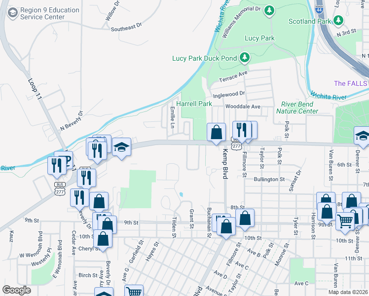 map of restaurants, bars, coffee shops, grocery stores, and more near 502 West Inwood Drive in Wichita Falls