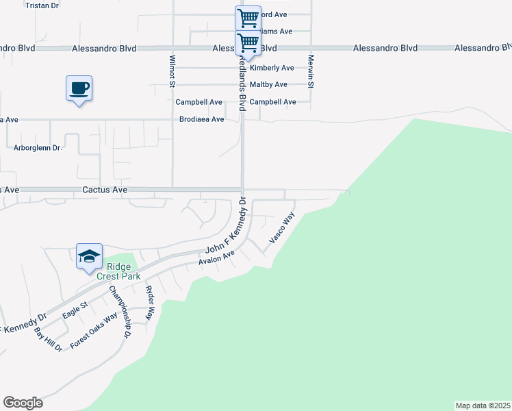 map of restaurants, bars, coffee shops, grocery stores, and more near 29017 Alicante Avenue in Moreno Valley