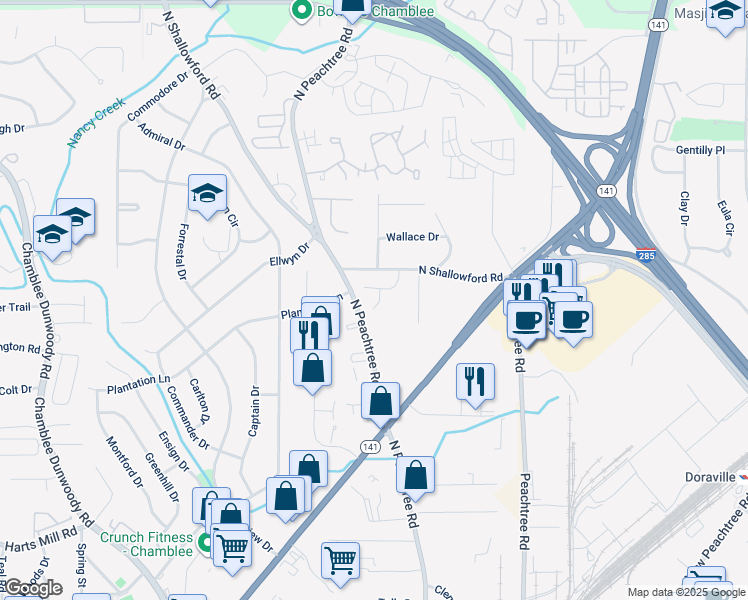 map of restaurants, bars, coffee shops, grocery stores, and more near 3728 Summer Rose Court in Chamblee