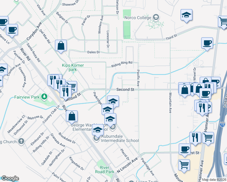 map of restaurants, bars, coffee shops, grocery stores, and more near 2904 2nd Street in Norco