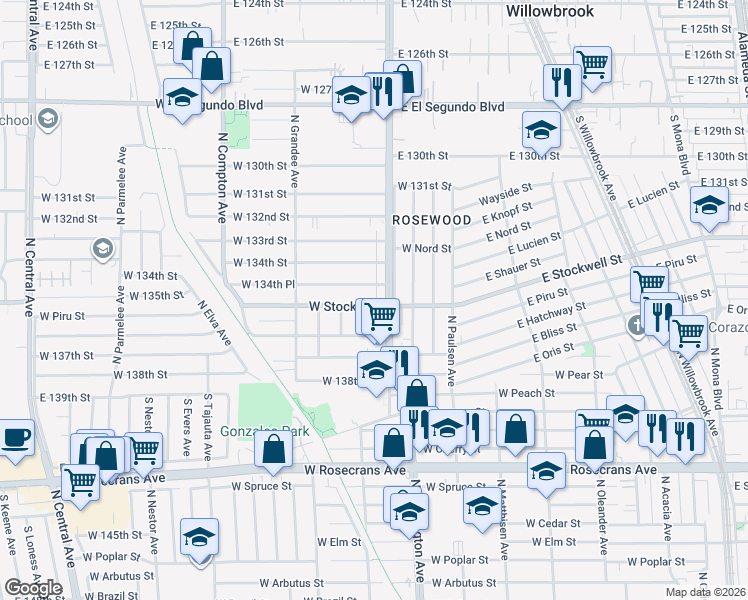 map of restaurants, bars, coffee shops, grocery stores, and more near 813 West Stockwell Street in Compton