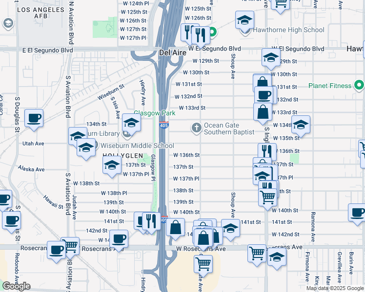 map of restaurants, bars, coffee shops, grocery stores, and more near 5146 West 135th Street in Hawthorne