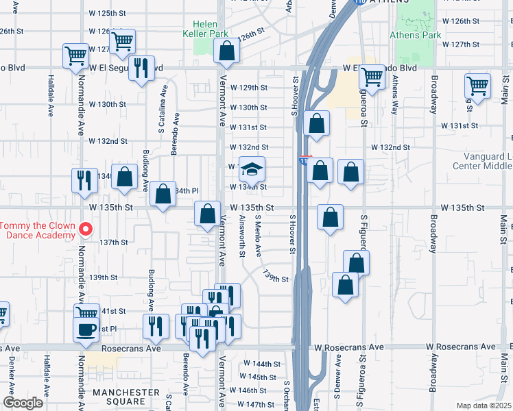 map of restaurants, bars, coffee shops, grocery stores, and more near 801 West 135th Street in Gardena