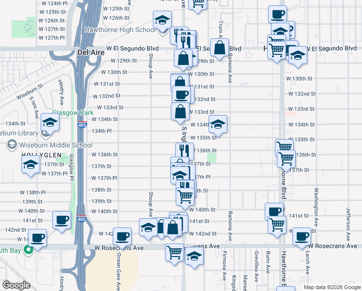 map of restaurants, bars, coffee shops, grocery stores, and more near 4817 West 136th Street in Hawthorne