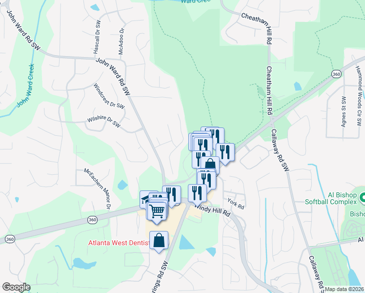 map of restaurants, bars, coffee shops, grocery stores, and more near 1727 Rifle Ridge Southwest in Marietta