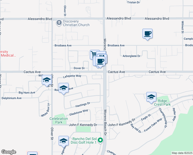 map of restaurants, bars, coffee shops, grocery stores, and more near 27891 Cactus Avenue in Moreno Valley