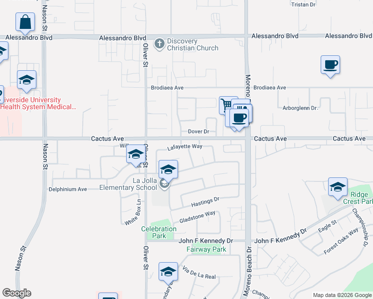 map of restaurants, bars, coffee shops, grocery stores, and more near 27664 Rosemont Court in Moreno Valley