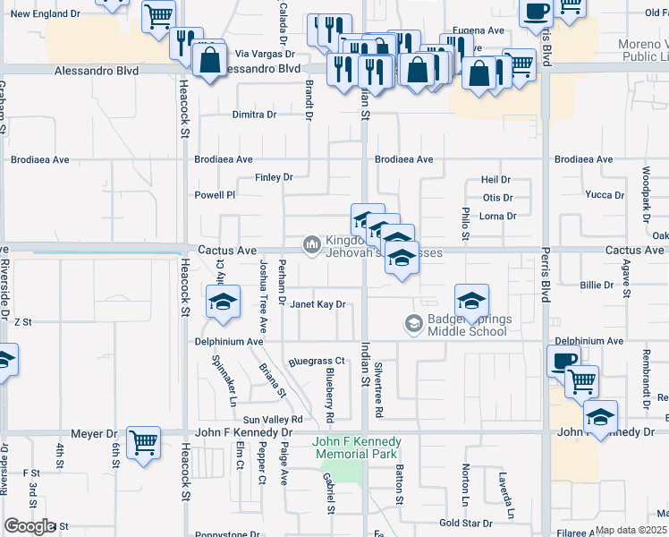 map of restaurants, bars, coffee shops, grocery stores, and more near 14575 Justin Place in Moreno Valley