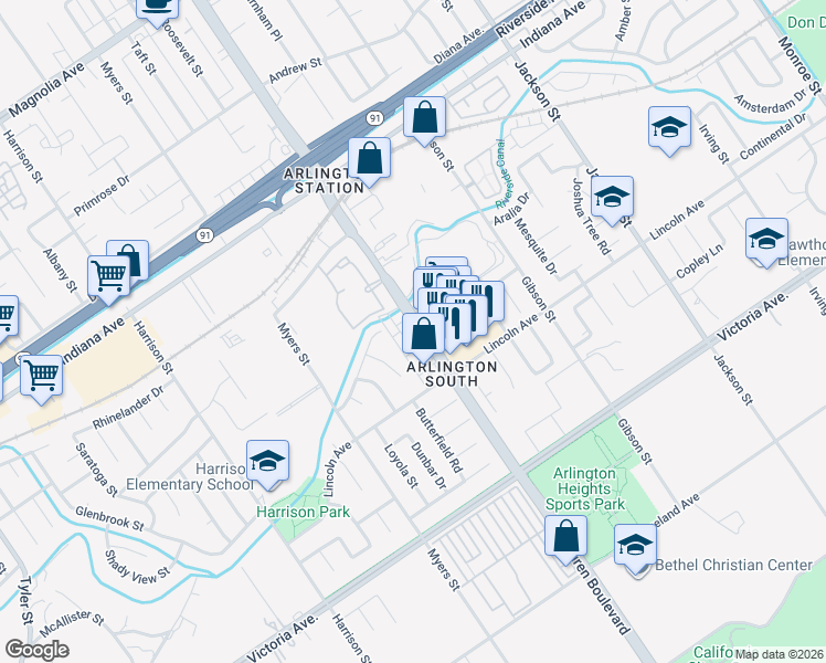 map of restaurants, bars, coffee shops, grocery stores, and more near 3000 Van Buren Boulevard in Riverside