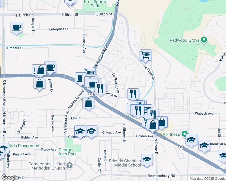 map of restaurants, bars, coffee shops, grocery stores, and more near 3534 La Fiesta Drive in Brea