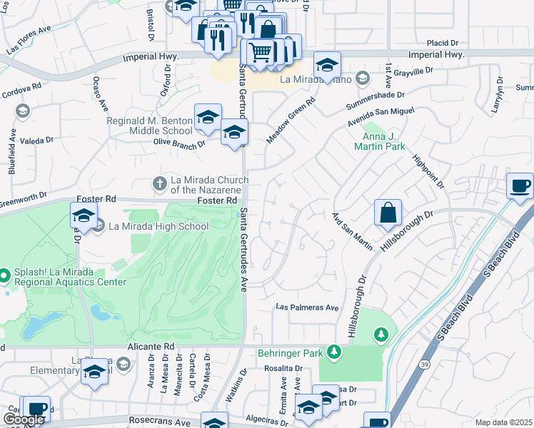 map of restaurants, bars, coffee shops, grocery stores, and more near 15810 Whitepost Lane in La Mirada