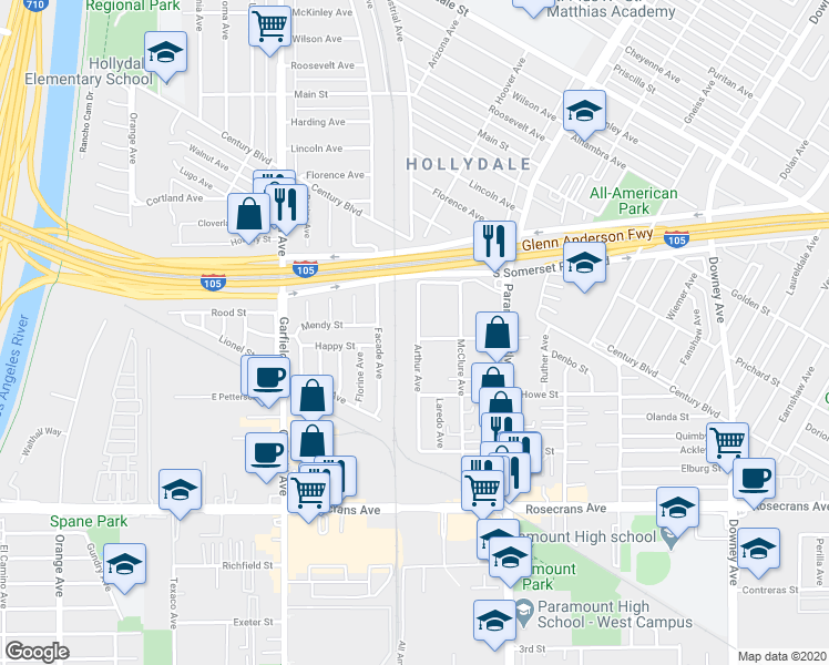 map of restaurants, bars, coffee shops, grocery stores, and more near 13903 Arthur Avenue in Paramount