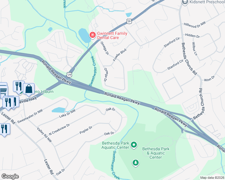 map of restaurants, bars, coffee shops, grocery stores, and more near 147 Omega Drive in Lawrenceville