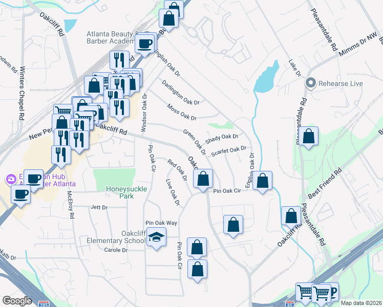map of restaurants, bars, coffee shops, grocery stores, and more near 3269 Oakcliff Road in Doraville
