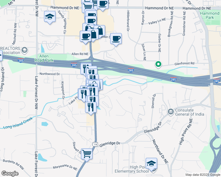 map of restaurants, bars, coffee shops, grocery stores, and more near 2900 Lake Placid Drive Northeast in Sandy Springs