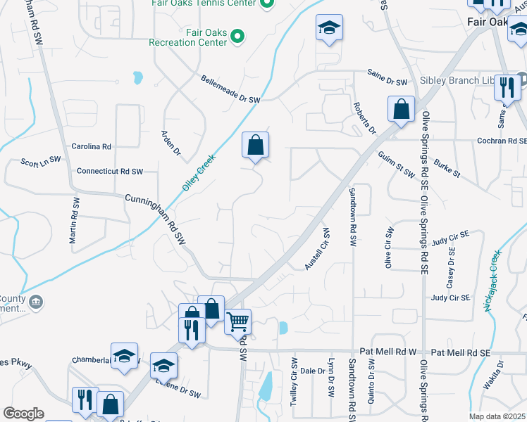 map of restaurants, bars, coffee shops, grocery stores, and more near 1788 Austell Road Southwest in Marietta