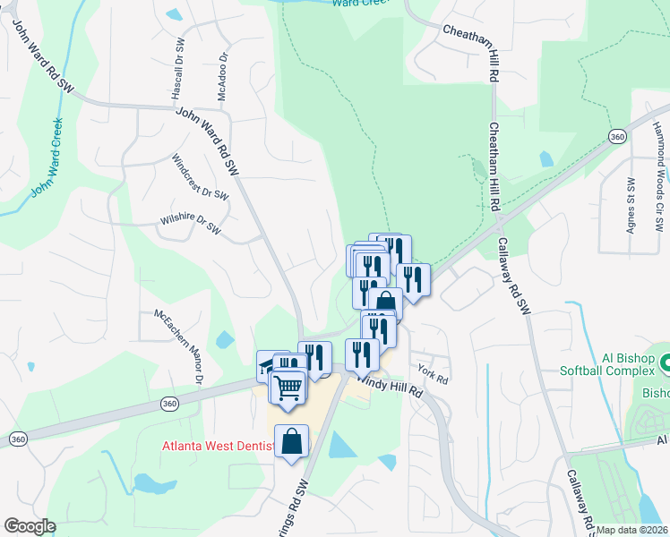 map of restaurants, bars, coffee shops, grocery stores, and more near 1727 Rifle Ridge Southwest in Marietta