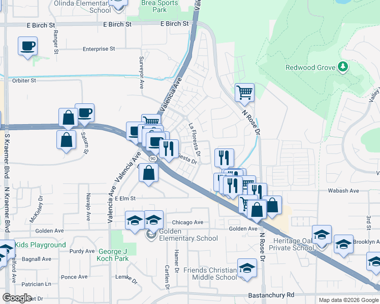 map of restaurants, bars, coffee shops, grocery stores, and more near 260 Buena Vida Drive in Brea