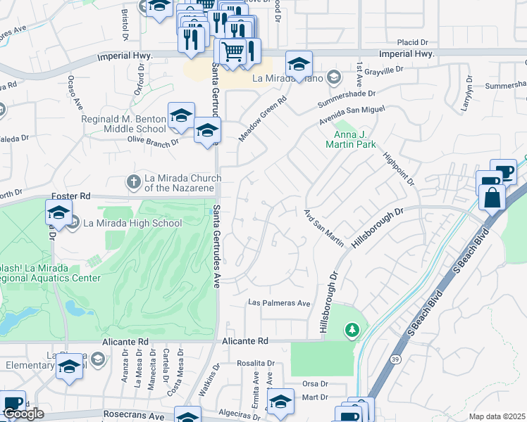 map of restaurants, bars, coffee shops, grocery stores, and more near 13211 Avenida Santa Tecla in La Mirada
