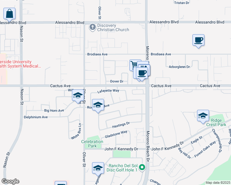 map of restaurants, bars, coffee shops, grocery stores, and more near 27753 Lafayette Way in Moreno Valley