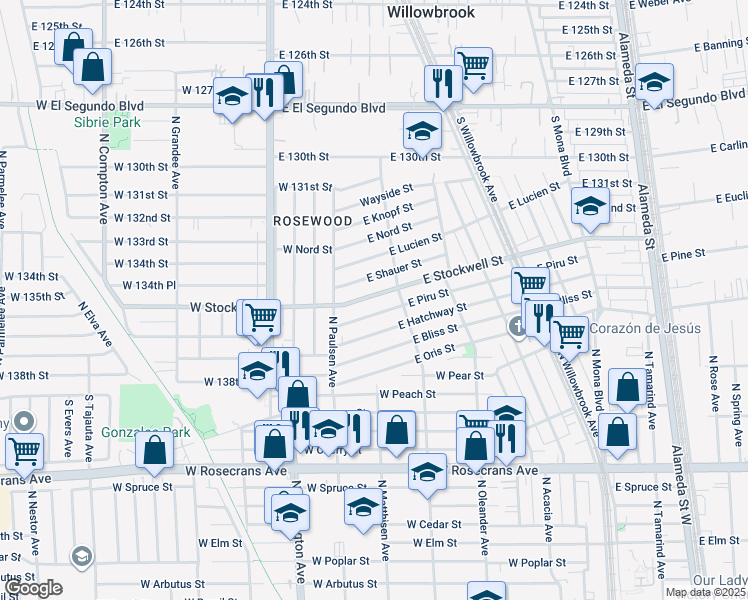 map of restaurants, bars, coffee shops, grocery stores, and more near 2061 East Piru Street in Compton
