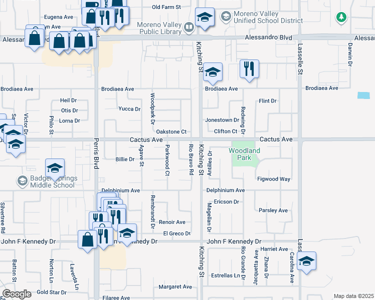 map of restaurants, bars, coffee shops, grocery stores, and more near 14545 Rio Bravo Road in Moreno Valley