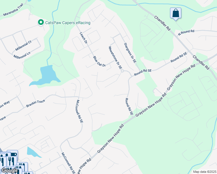 map of restaurants, bars, coffee shops, grocery stores, and more near 55 Little Barley Lane in Grayson
