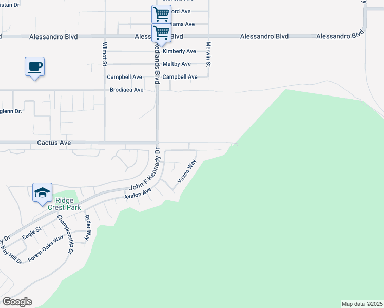 map of restaurants, bars, coffee shops, grocery stores, and more near 29121 Alicante Avenue in Moreno Valley