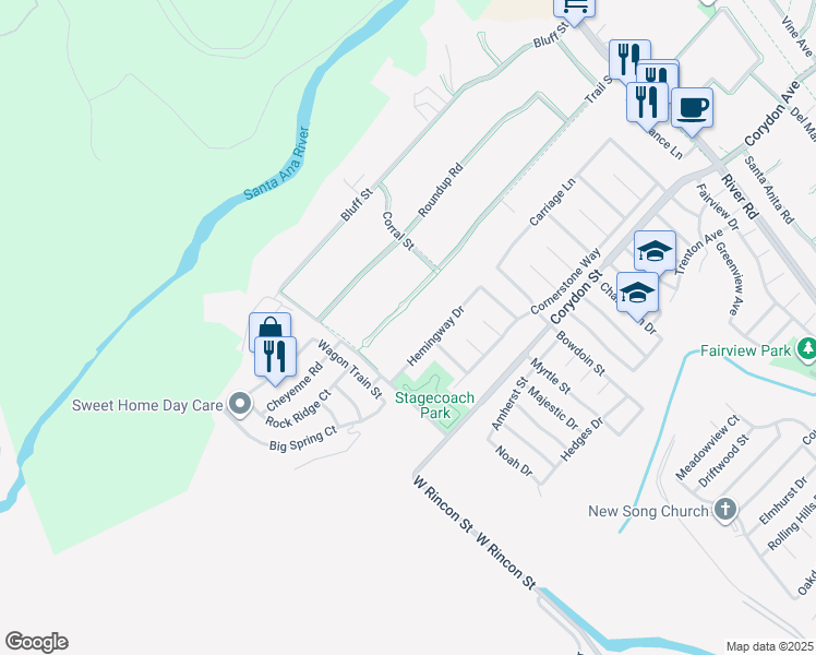 map of restaurants, bars, coffee shops, grocery stores, and more near 5421 Trail Street in Norco