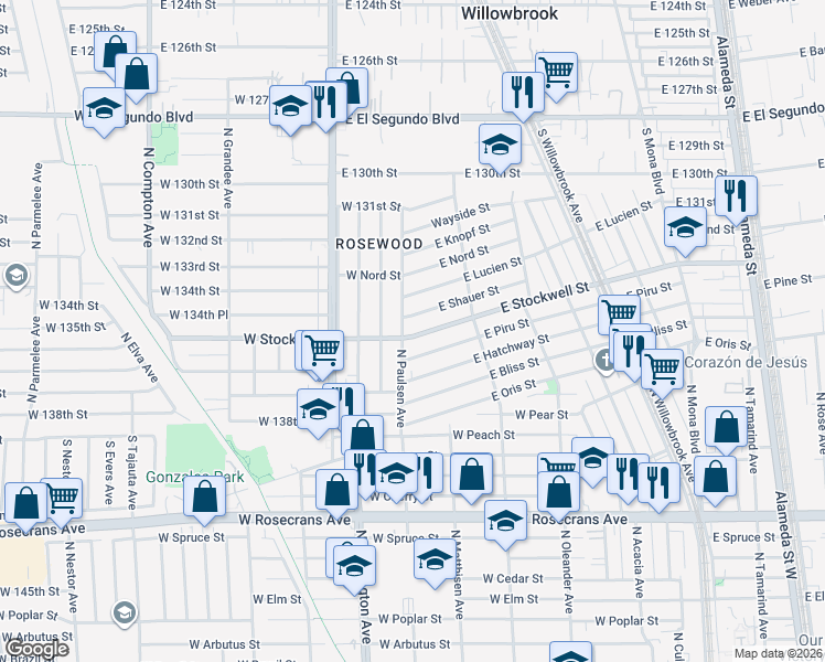 map of restaurants, bars, coffee shops, grocery stores, and more near 2013 East Stockwell Street in Compton