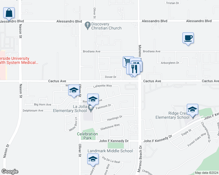 map of restaurants, bars, coffee shops, grocery stores, and more near 27753 Lafayette Way in Moreno Valley
