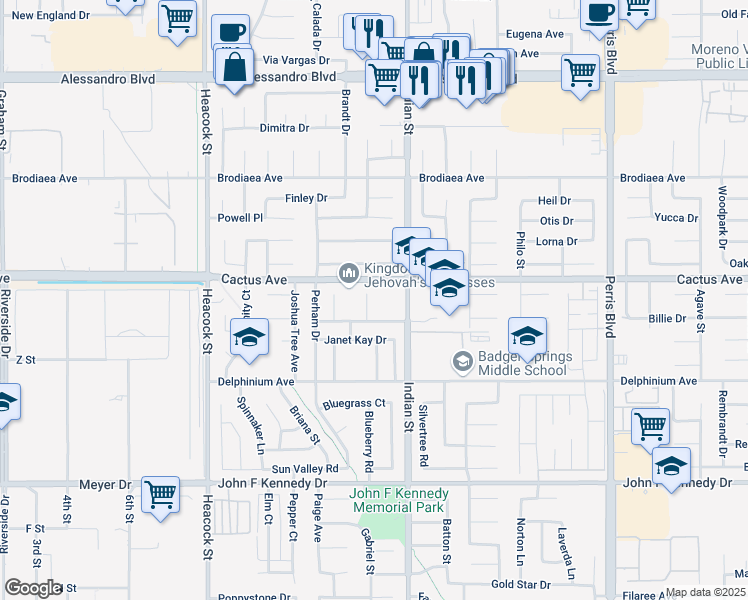 map of restaurants, bars, coffee shops, grocery stores, and more near 14575 Justin Place in Moreno Valley