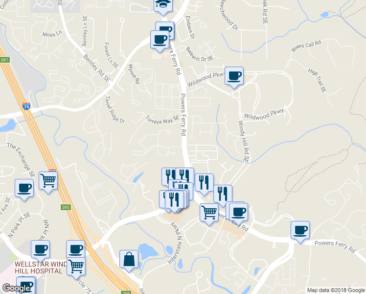 map of restaurants, bars, coffee shops, grocery stores, and more near 1198 Wood Hollow Drive in Marietta