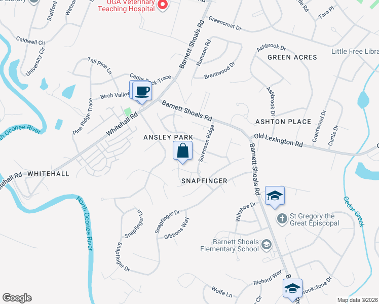 map of restaurants, bars, coffee shops, grocery stores, and more near 141 Warren Way in Athens
