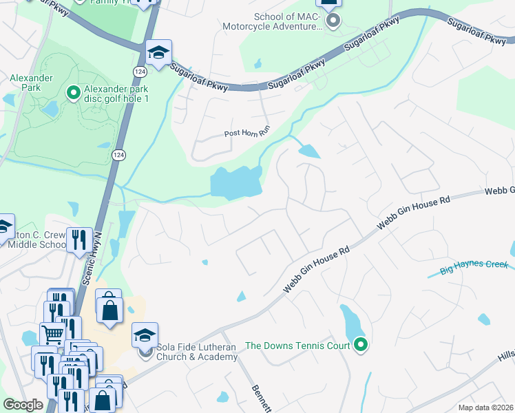 map of restaurants, bars, coffee shops, grocery stores, and more near 1150 Dayspring Court in Lawrenceville