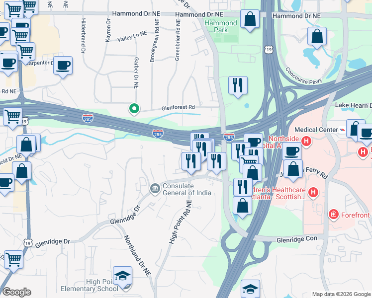 map of restaurants, bars, coffee shops, grocery stores, and more near 5577 High Point Road Northeast in Atlanta