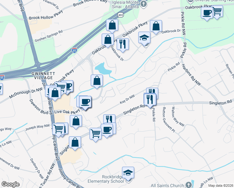 map of restaurants, bars, coffee shops, grocery stores, and more near 5901 Kay Drive Northwest in Norcross